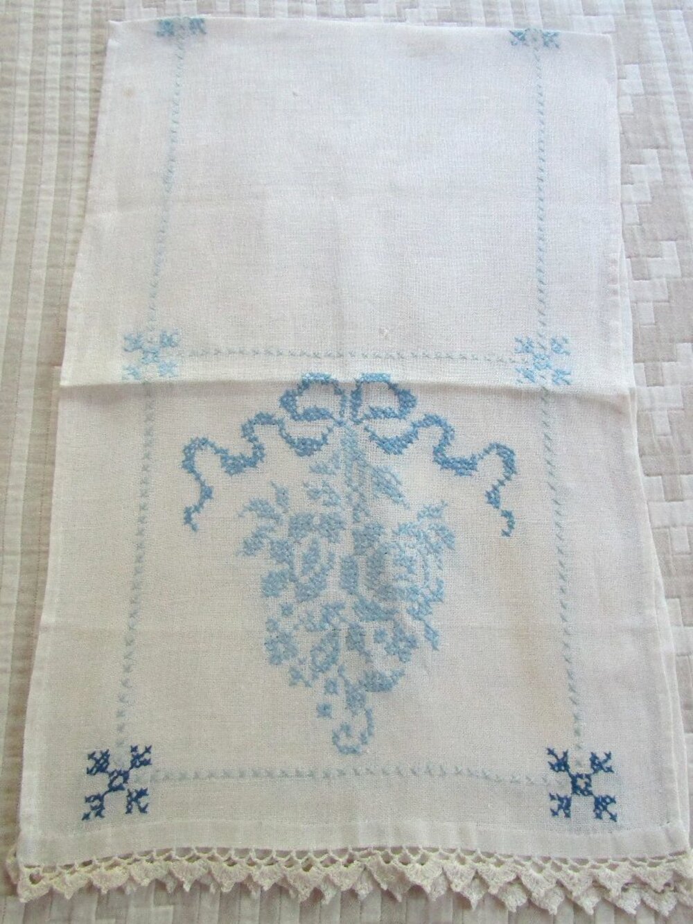 vintage linen runner dresser scarf blue hand embroidered blue cross stitch 40x12